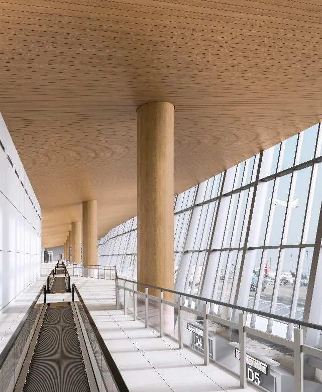 Terminal ceiling and columns finished in wood film
