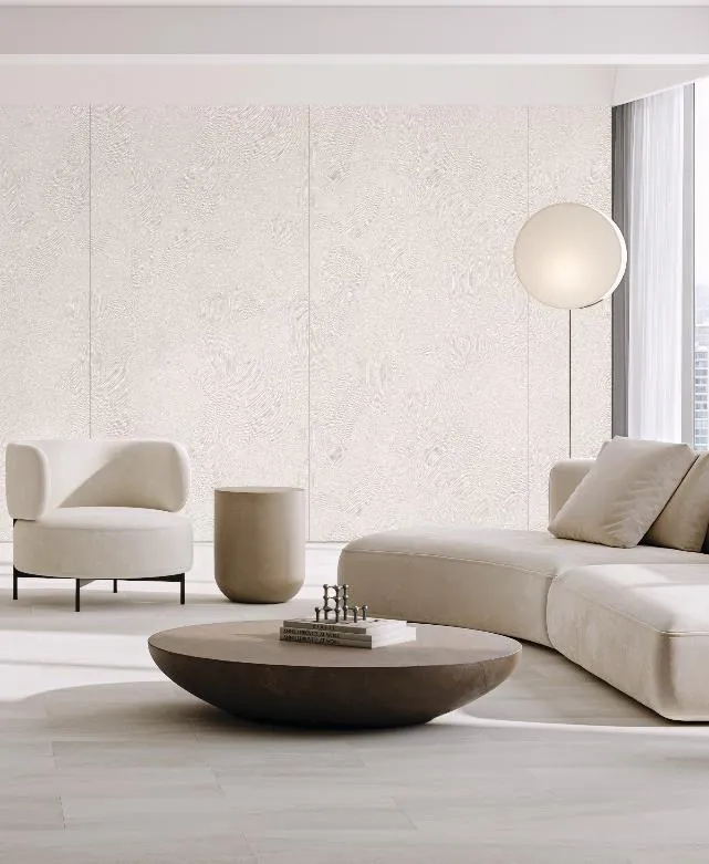 Living room wall finished in stone film