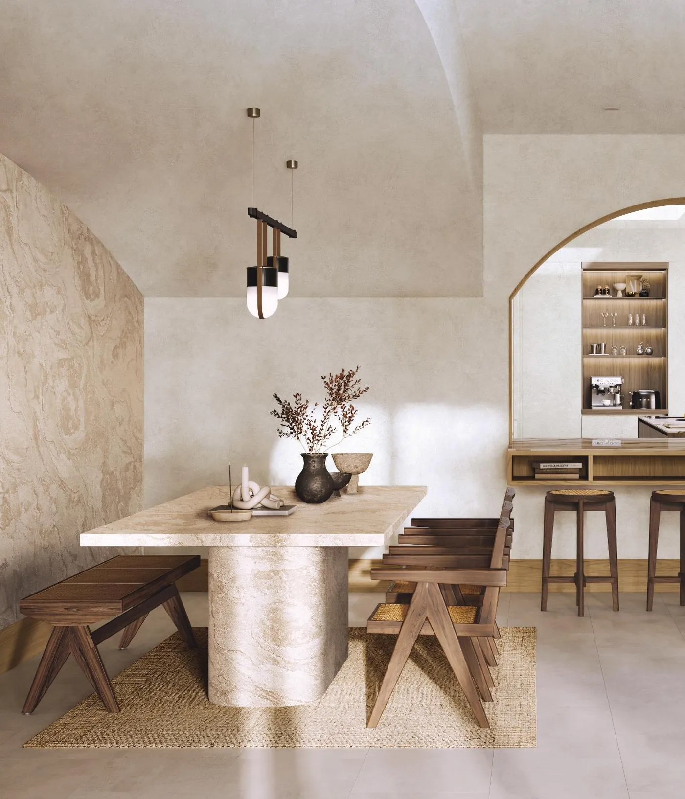 Vaulted dining room with concrete and mortar film walls