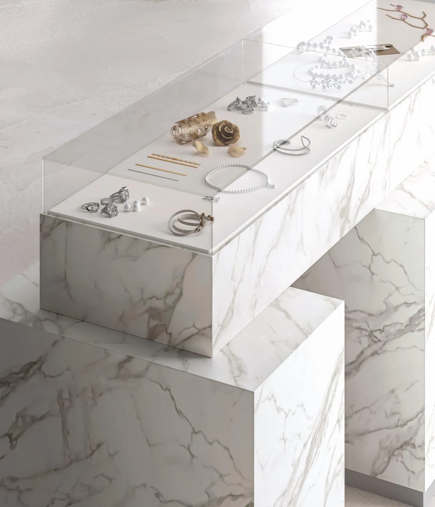 Jewelry display plinths finished in white marble film