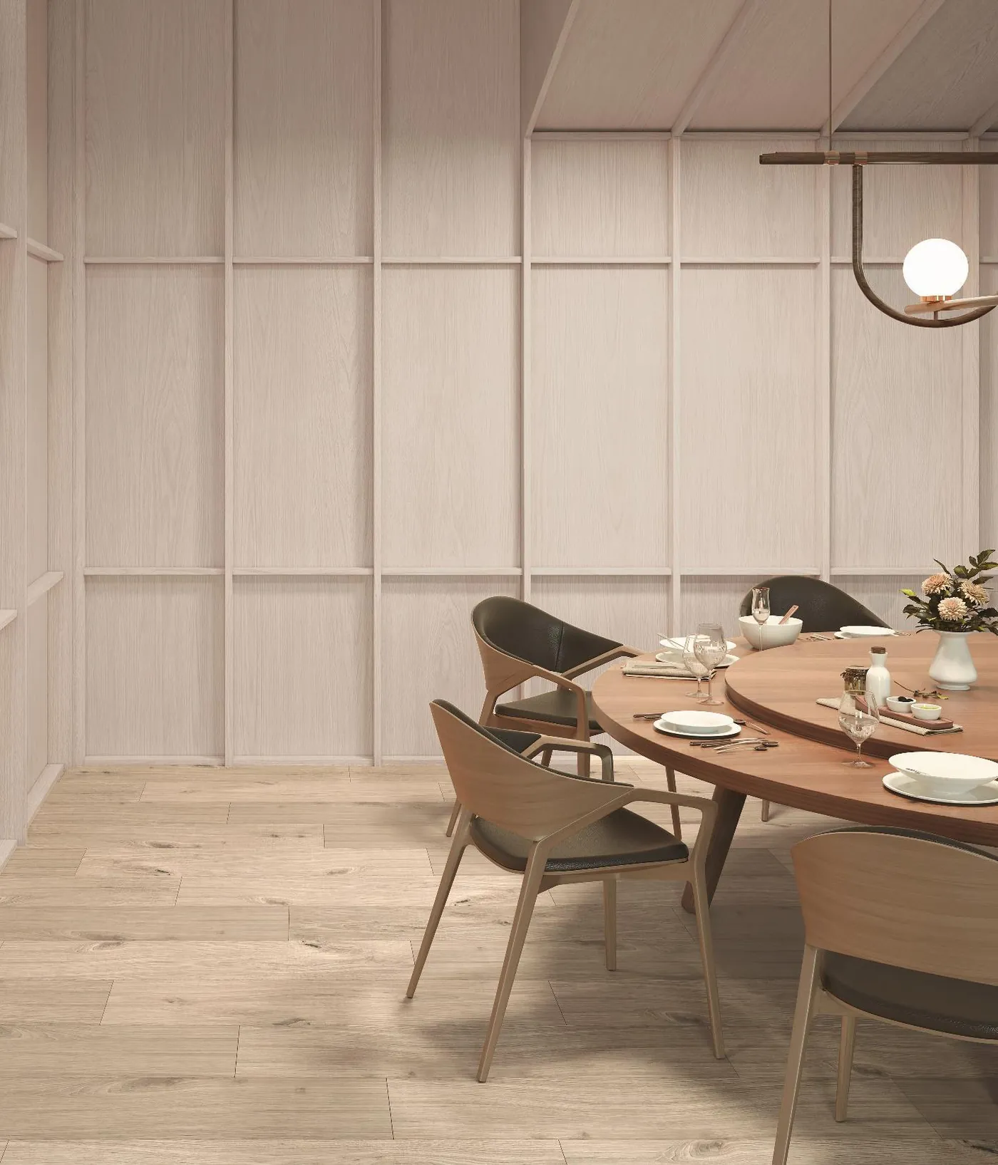 Dining room with pale wood-grain wall panels